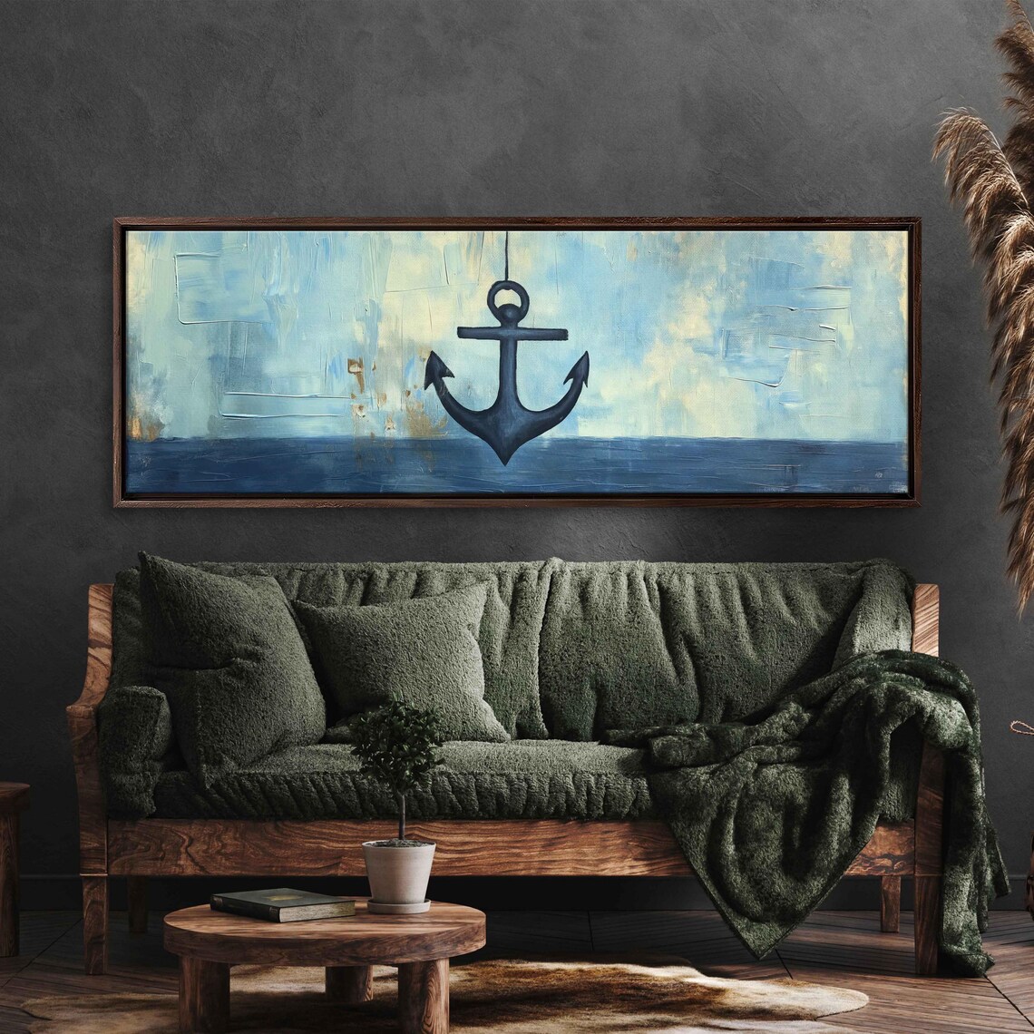 Dark Blue Anchor On Abstract Sea Acrylic Nautical Painting Poster