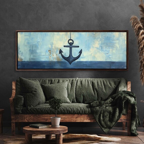 Dark Blue Anchor On Abstract Sea Acrylic Nautical Painting Poster