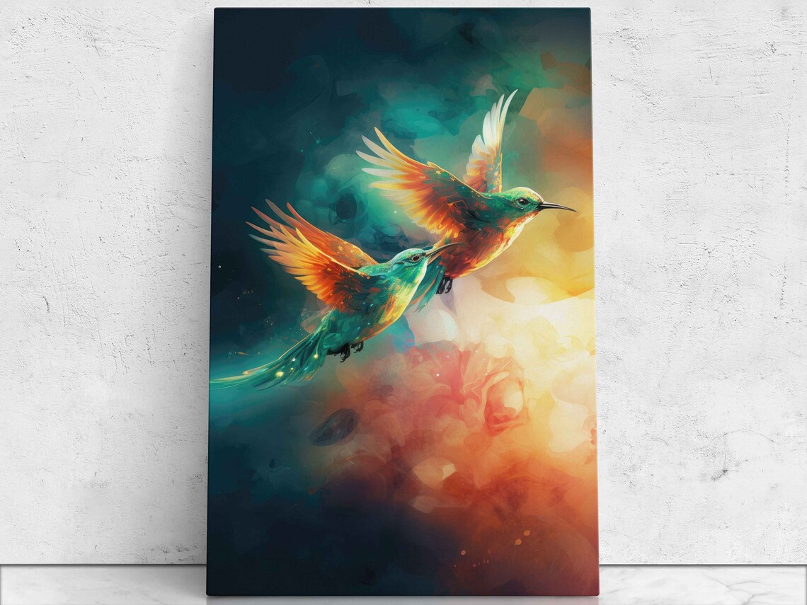 Hummingbird Couple Flying Together Colorful Wings Wildlife Poster
