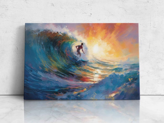 Surfing A Big Wave Oil Painting Reproduction Print On Ready To Hang Beach Wall Art