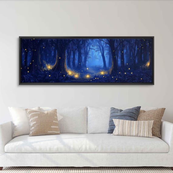 Magical Moonlit Forest Glade Engulfed With Fireflies Oil Wall Art Print Fantasy Nature Art Enchanted Trees Ready To Hang