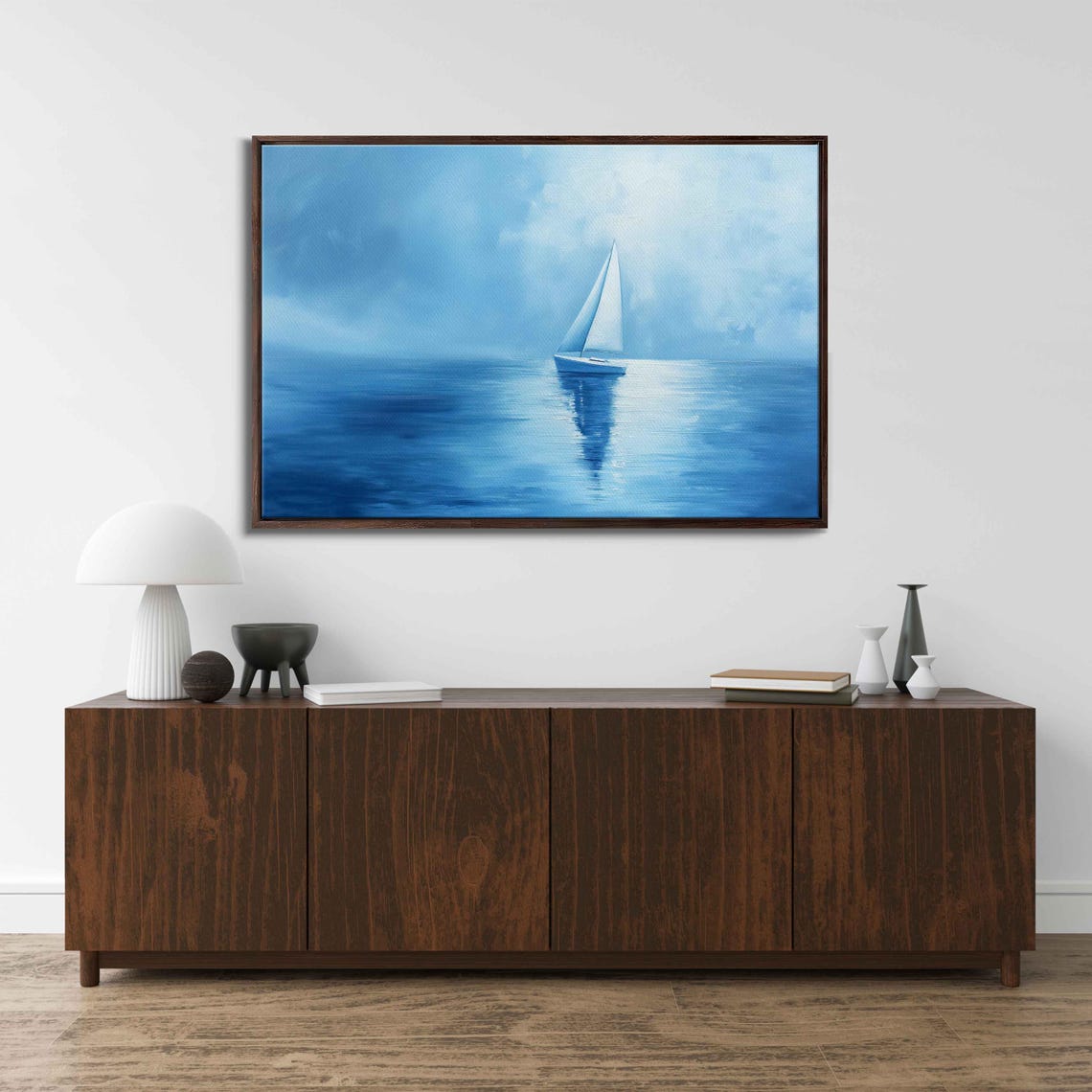 Lone Sailboat Misty Blue Ocean Calm Waters Minimalist Wall Poster - Image 3