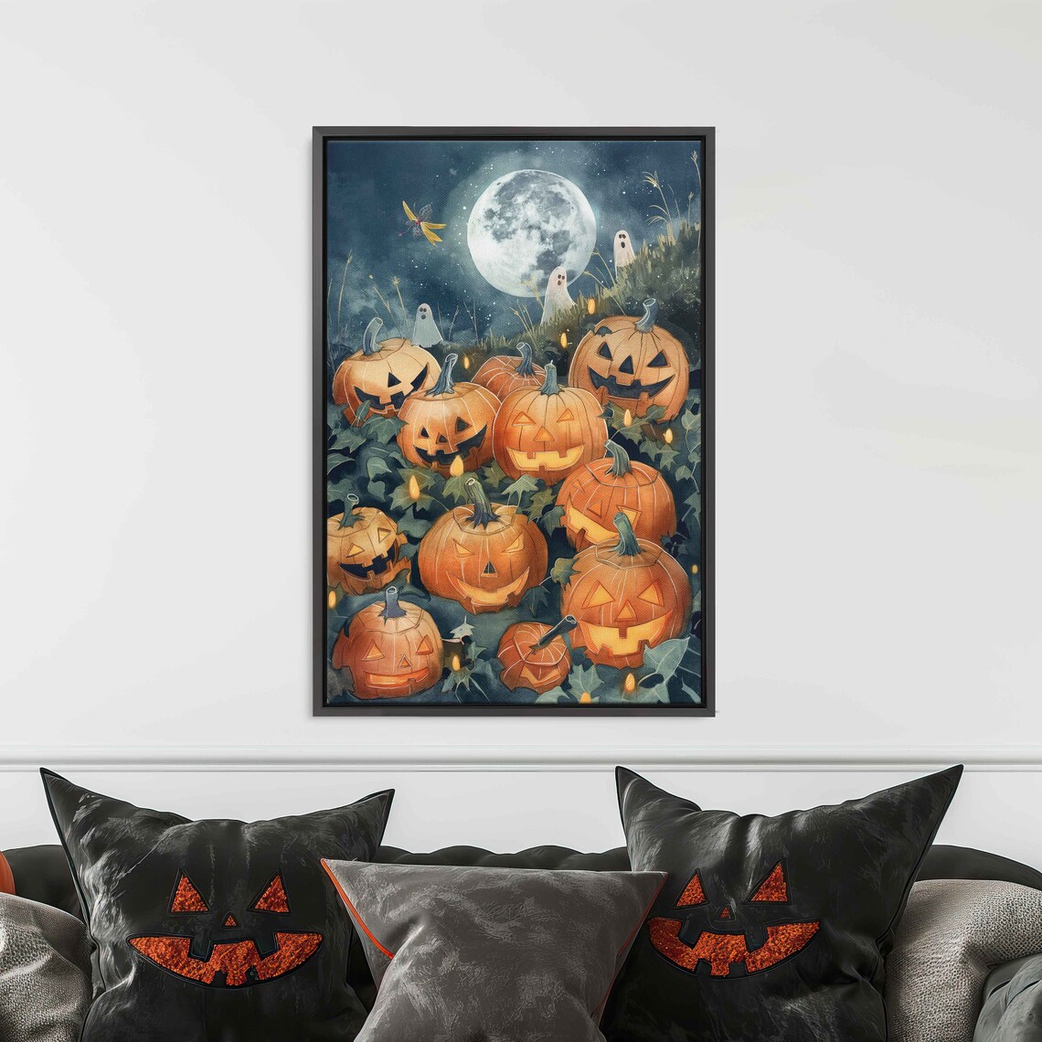 Whimsical Pumpkin Patch Filled With Jack O Lanterns Under Full Moon Wall Art - Image 3