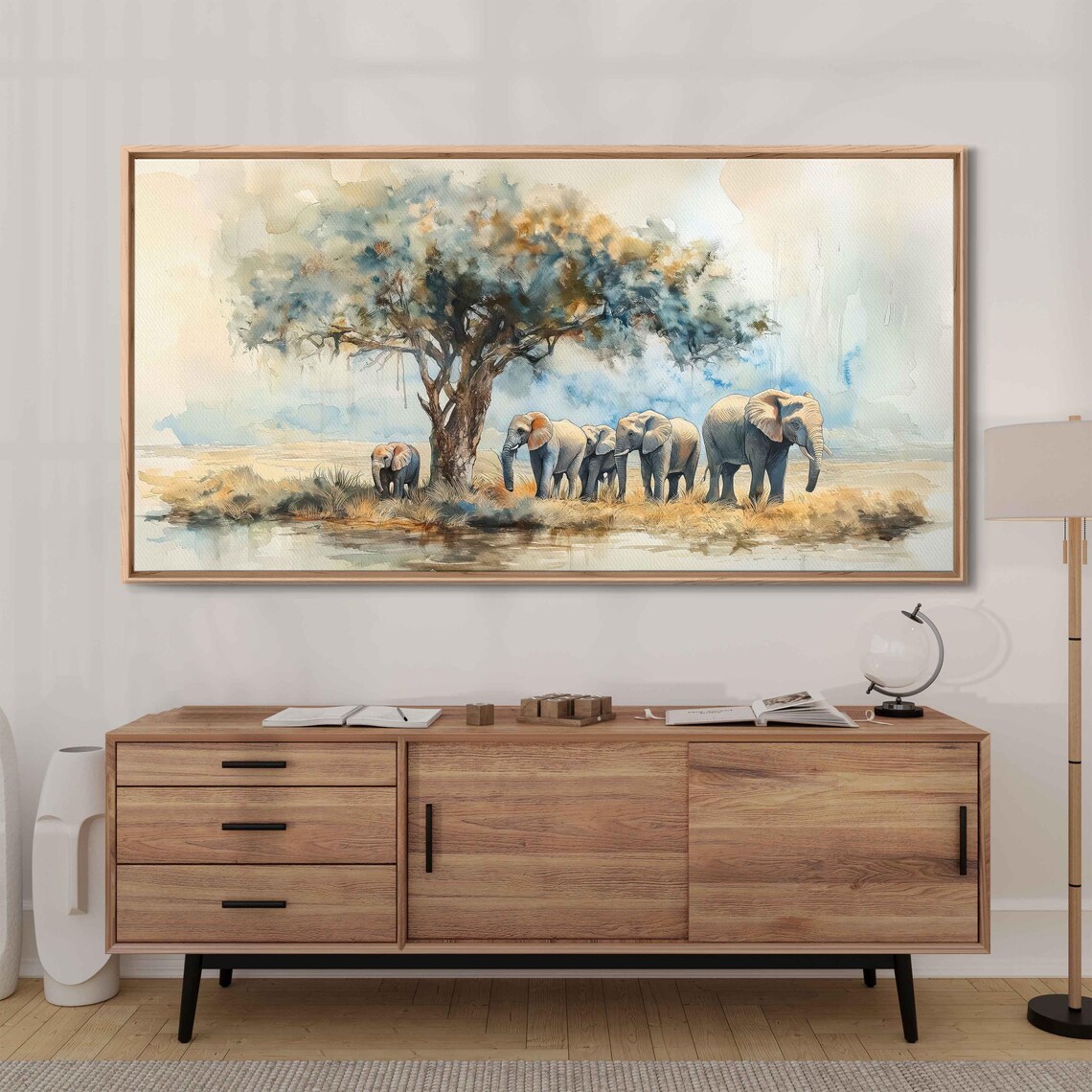 Elephant Family Beneath Acacia Tree by the Water Soft Watercolor Art Poster - Image 3