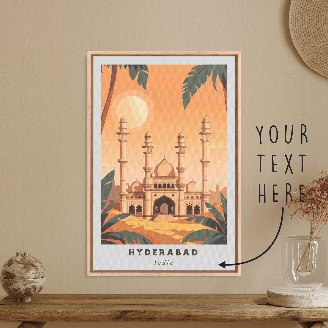 Hyderabad India Vintage Mosque Palm Sunset Retro Travel Poster