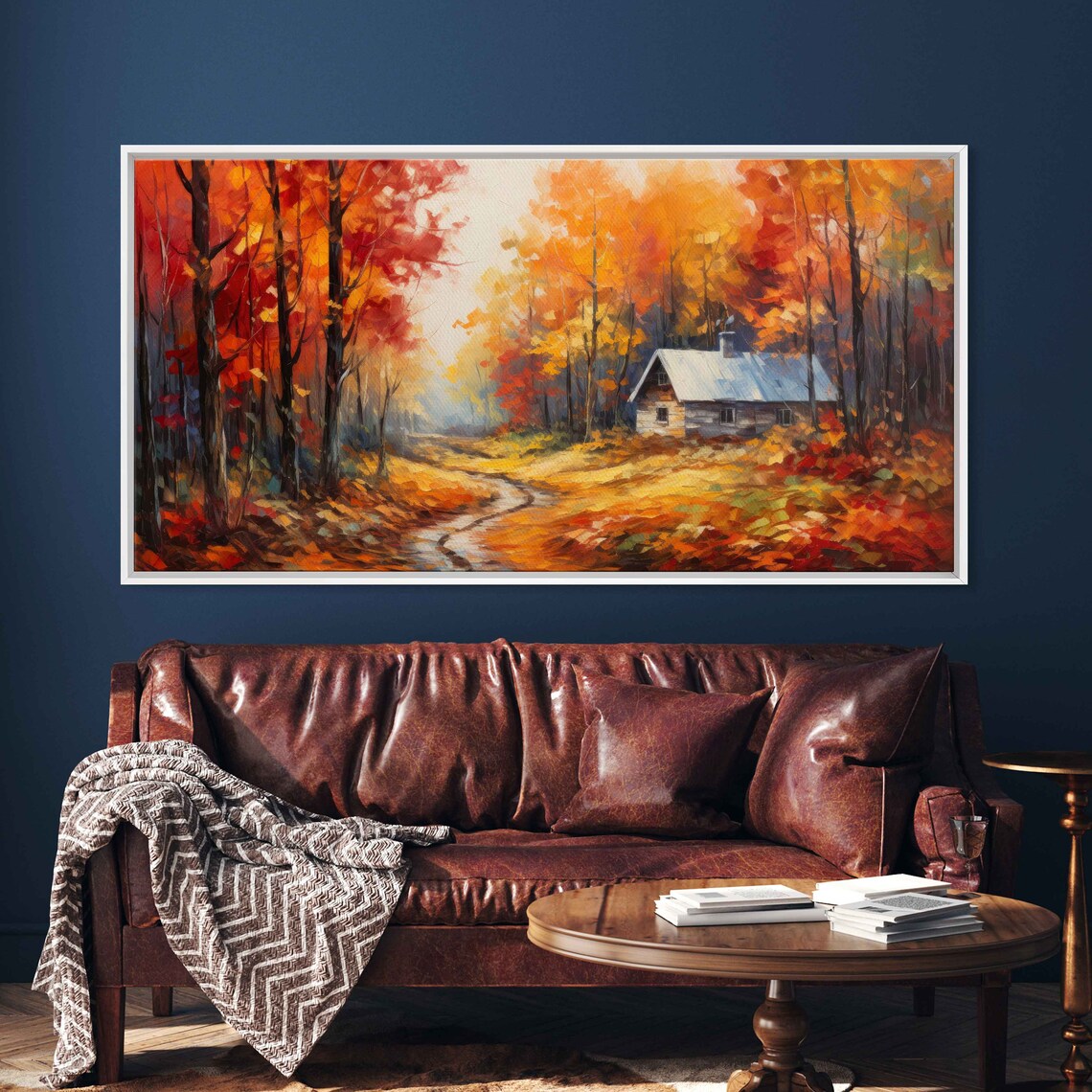 Autumn Cabin In Woods Blazing Fall Foliage Forest Path Art Poster - Image 3