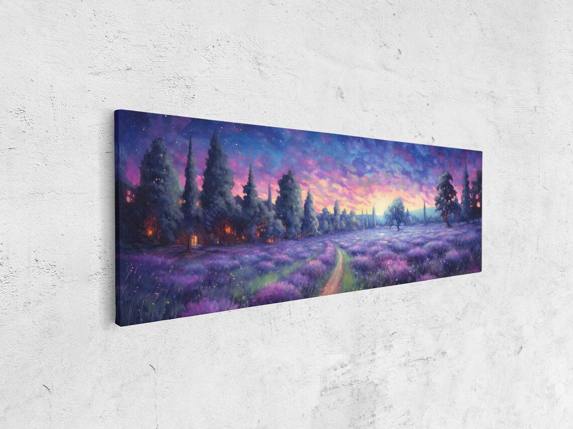 Lavender Field Sunset Dusk Panoramic Meadow Path Impressionist Art Poster - Image 4
