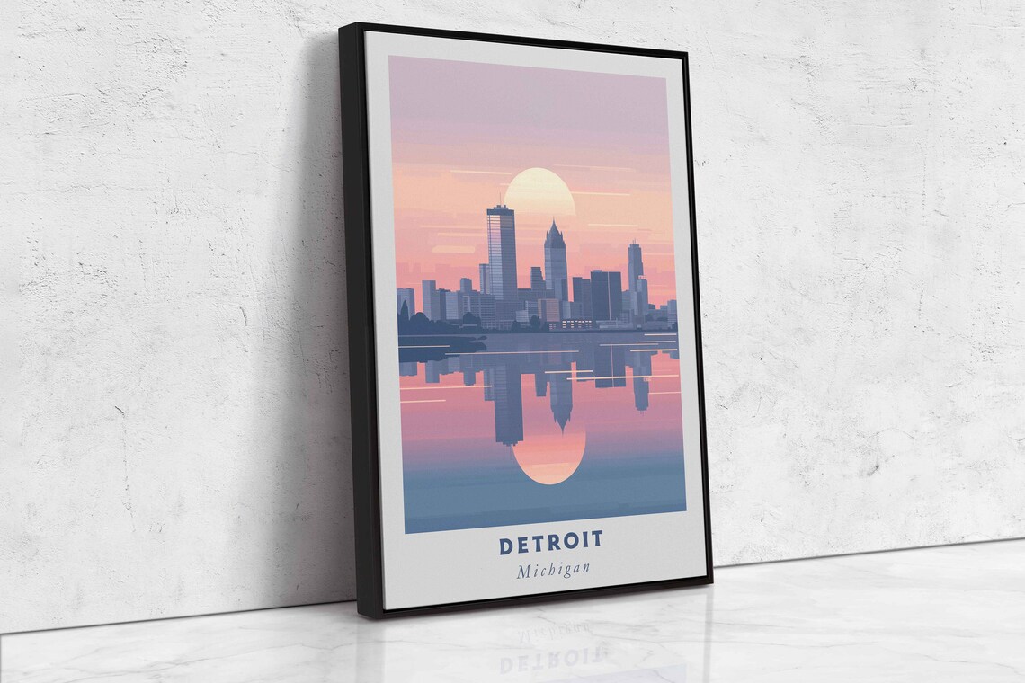 Detroit Michigan Skyline Water Reflection Sunset Travel Poster - Image 2