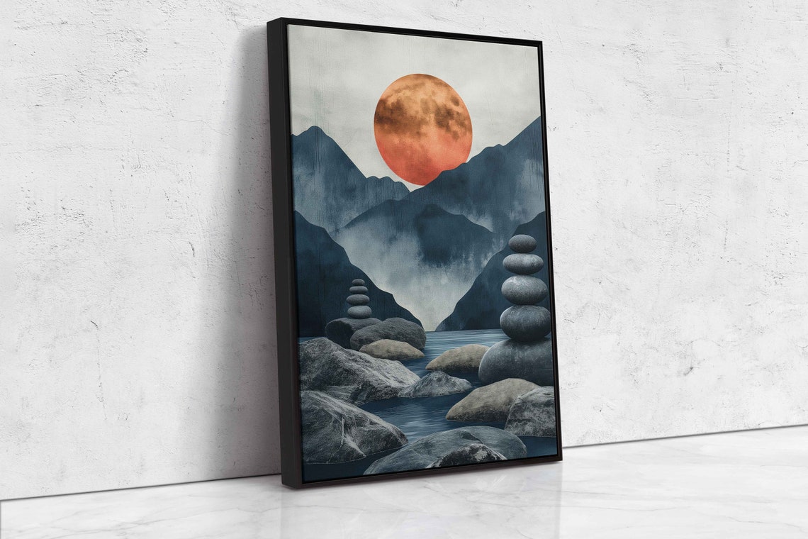 Burnt Orange Full Moon Over River Stones Blue Mountains Zen Art Print - Image 4