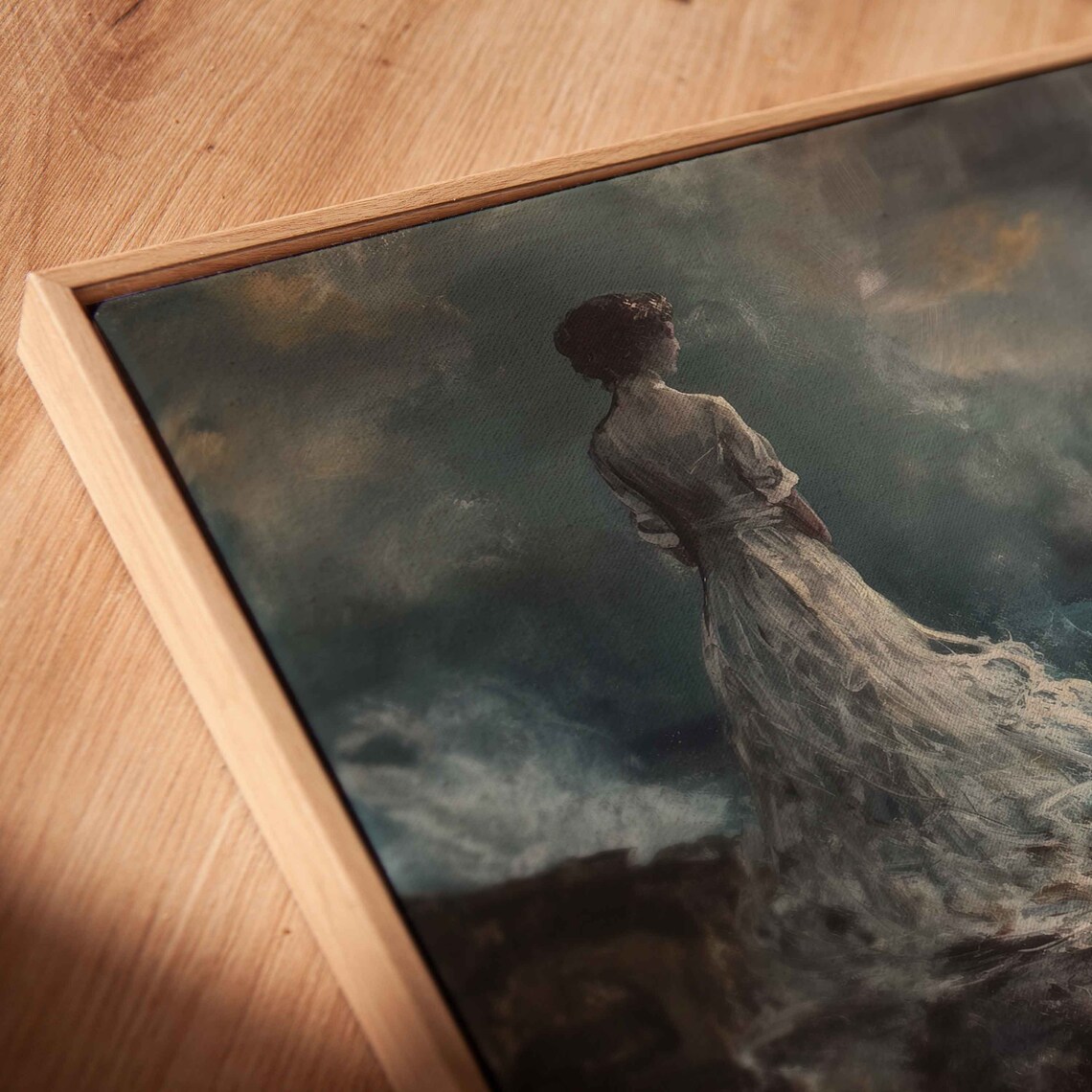 Ghostly Woman In Vintage Dress On Cliff Moonlit Ocean Halloween Art - Image 2