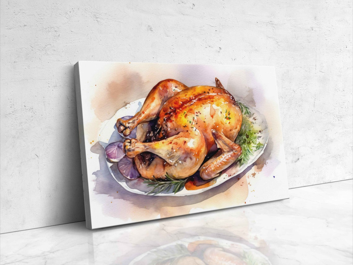 Roasted Chicken On Platter Watercolor Painting Kitchen Wall Art Poster - Image 4