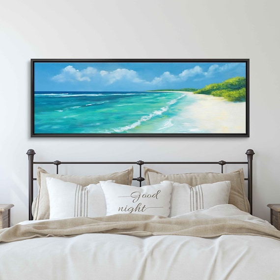 Turquoise Tropical Beach Panoramic Painting White Sand Shoreline Green Palms Poster