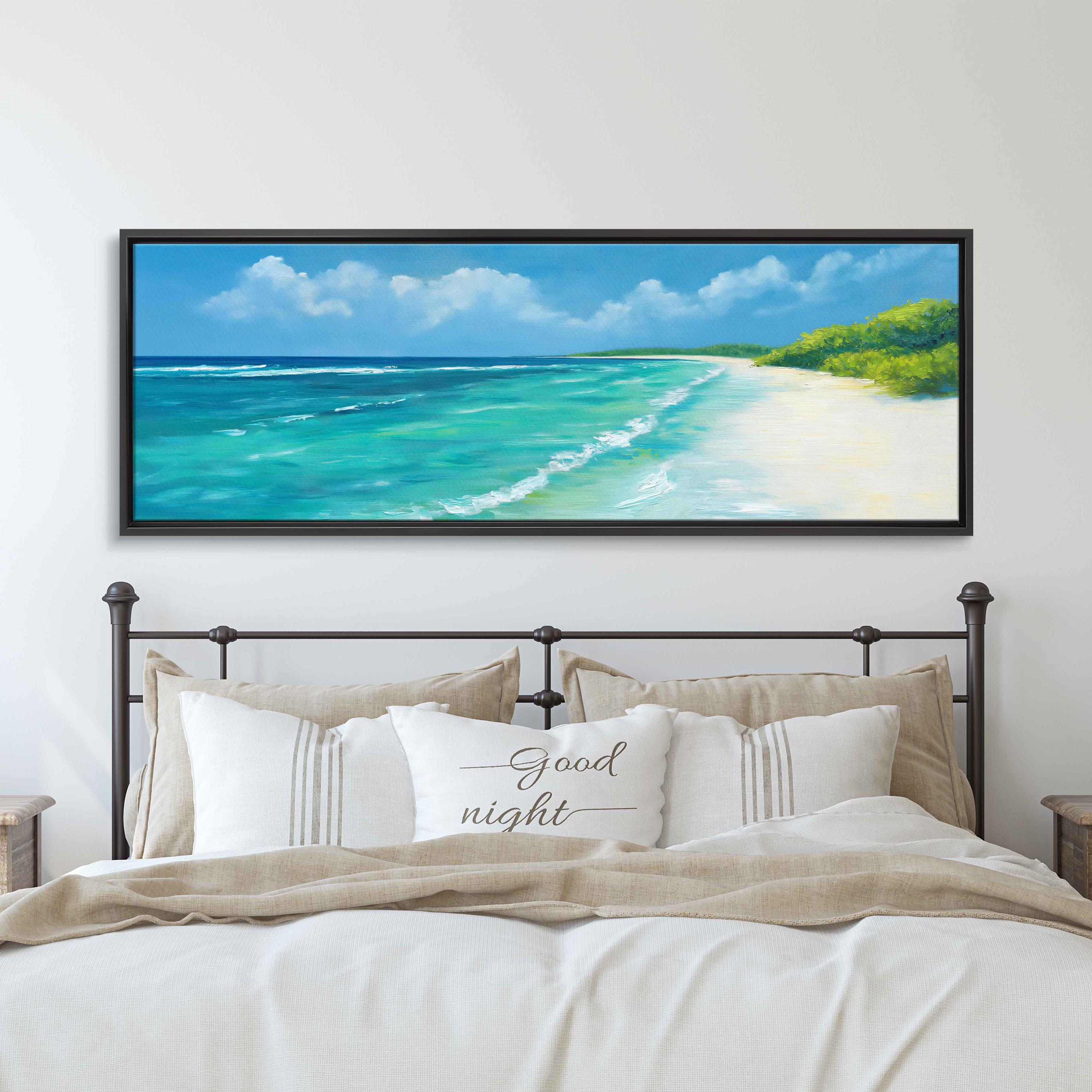 Turquoise Tropical Beach Panoramic Painting White Sand Shoreline Green Palms Poster