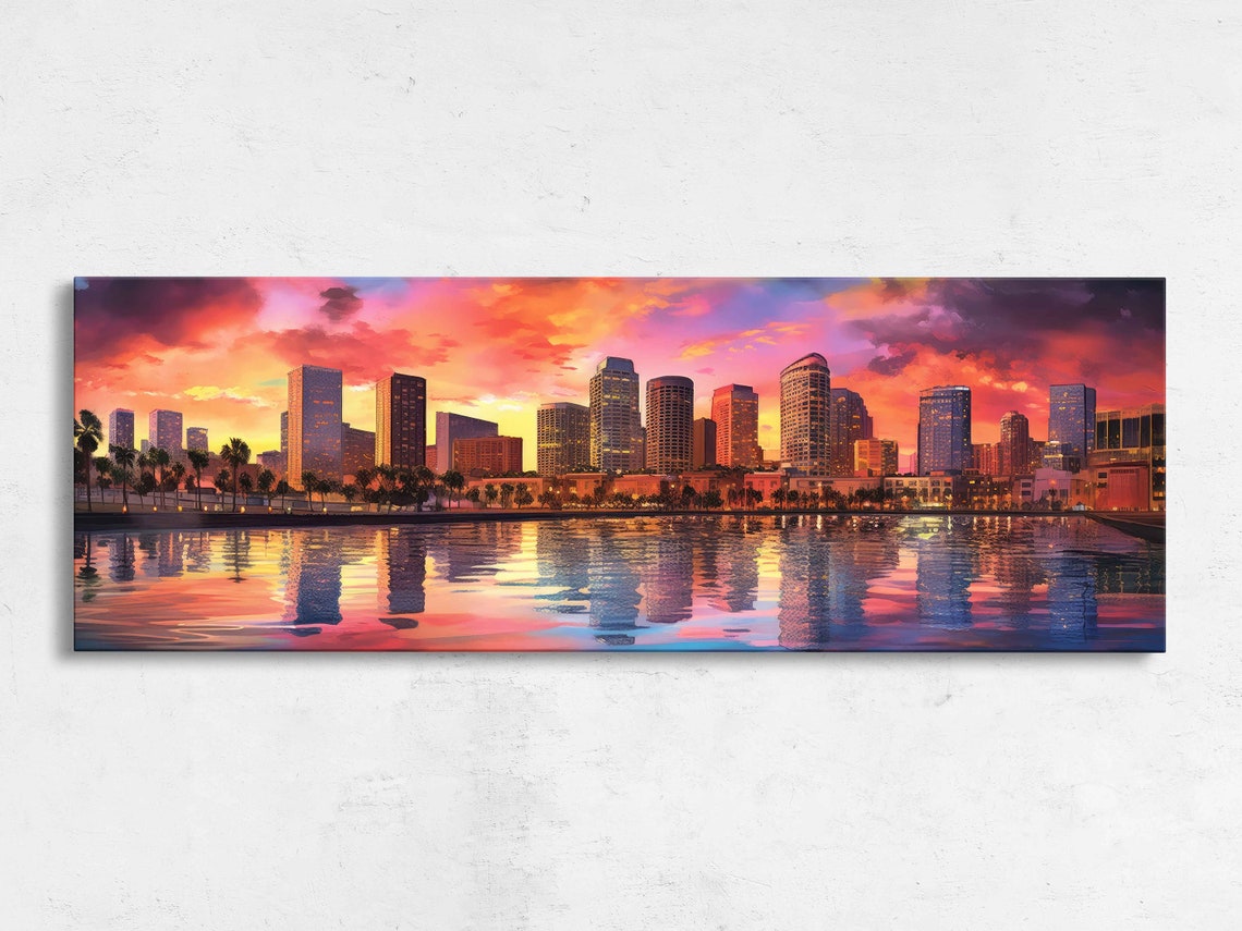 Vibrant City Skyline Sunset Waterfront Panoramic Palm Trees Poster