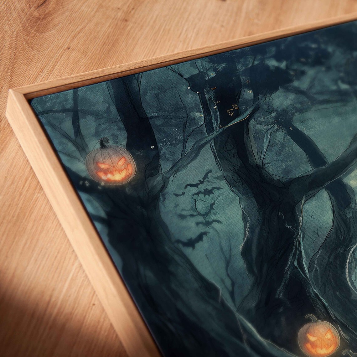 Moonlit Forest Path Lined With Glowing Jack O Lanterns Watercolor Wall Art - Image 2