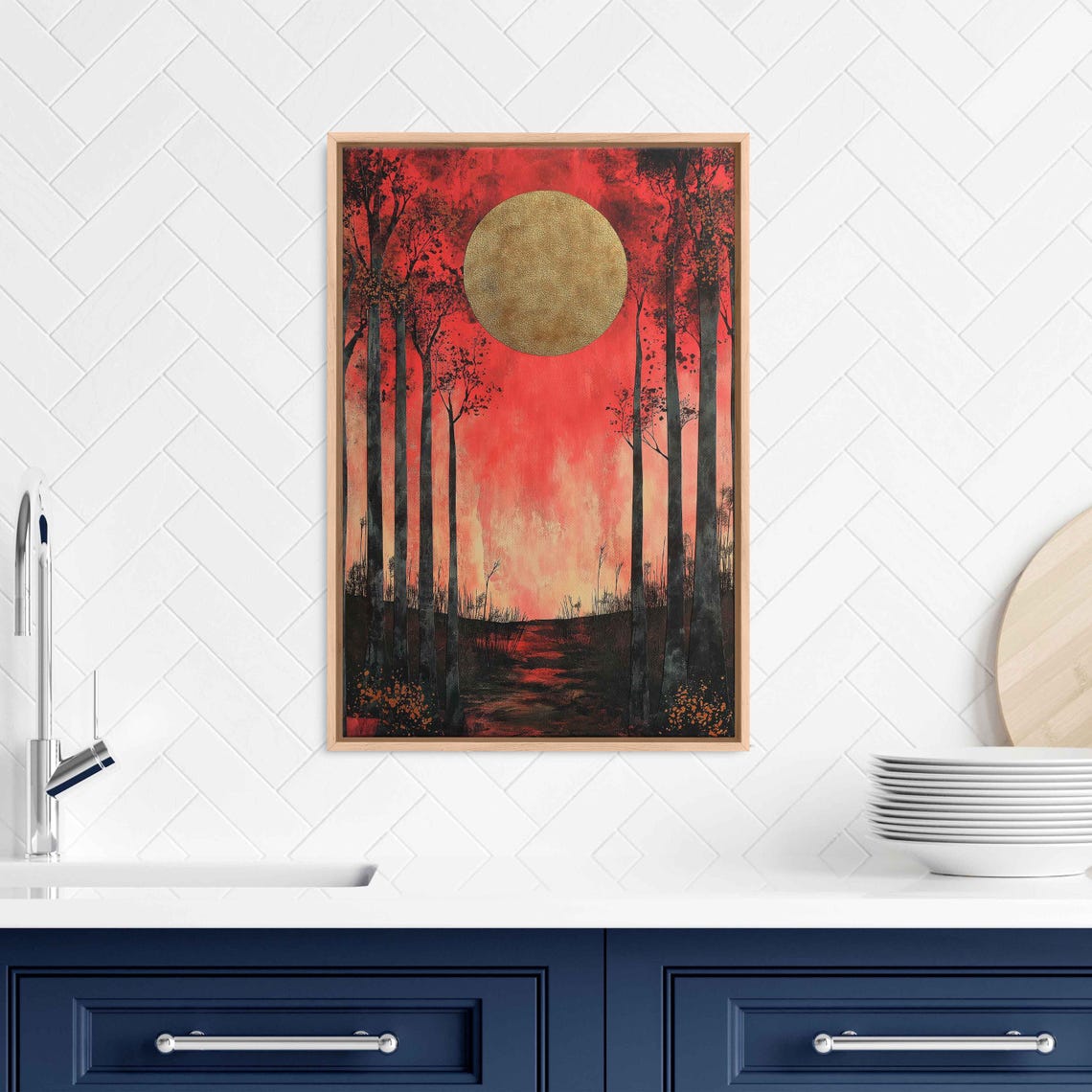 Surreal Golden Moon Over Red Forest Whimsical Night Landscape Poster