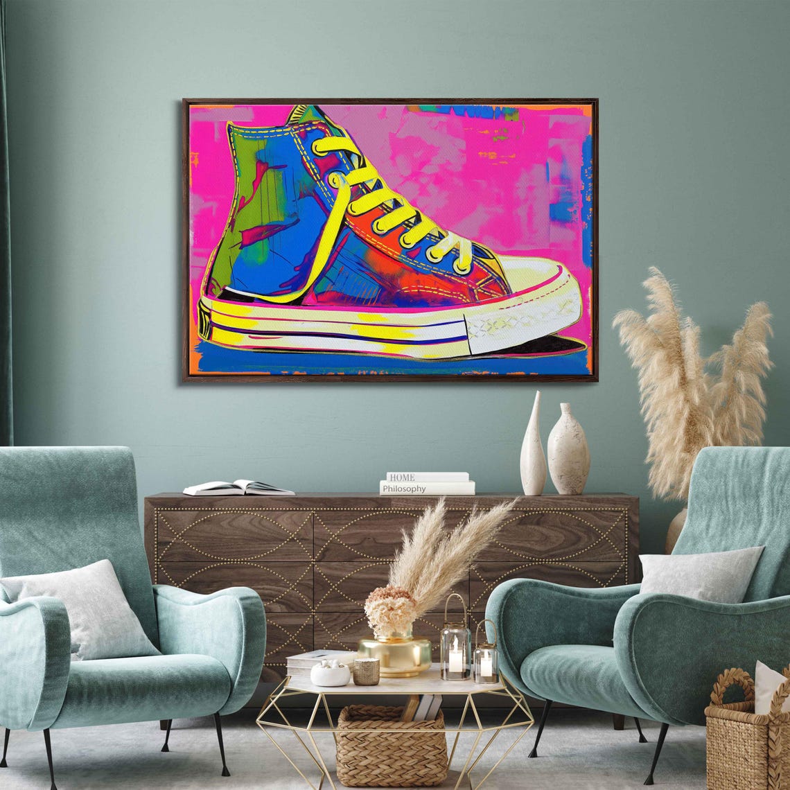 Neon Pop Art High Top Sneaker In Bright Pink Blue And Yellow Poster