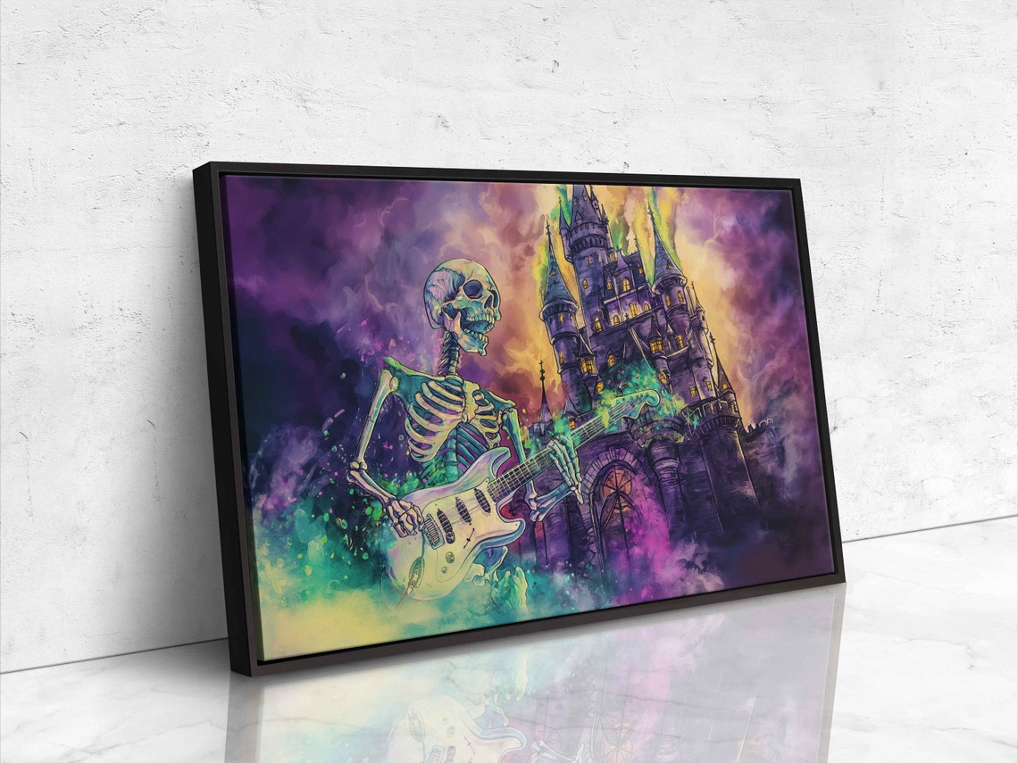 Skeleton Playing Electric Guitar Haunted Castle Night Music Poster - Image 4