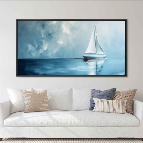 Lone Sailboat On Calm Sea Under Soft Misty Blue Cloudy Sky Poster
