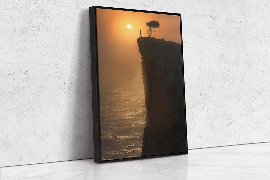 Lone Figure On Cliff Edge With Tree Silhouette Over Ocean Sunset Wall Art - Image 4