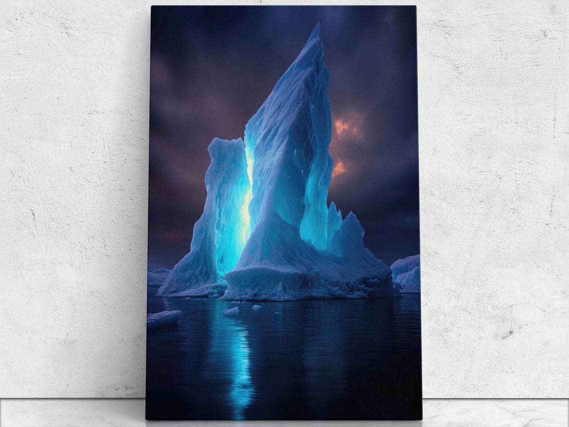 Glowing Blue Iceberg Night Ocean Reflections Dramatic Arctic Poster