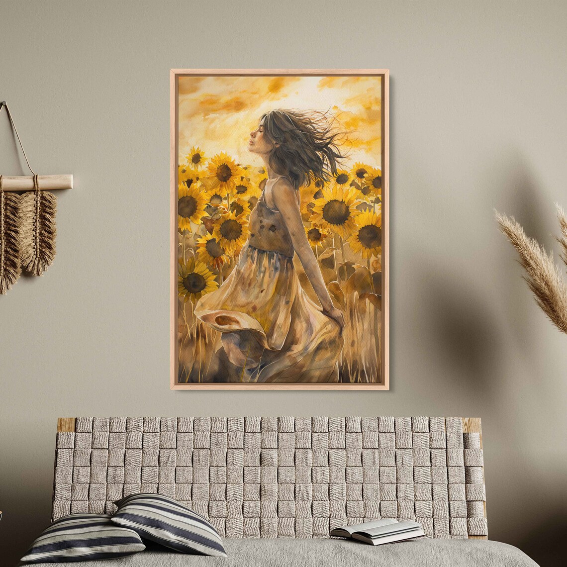 Woman Dancing In Sunflower Field Watercolor Wall Art Print Flowing Sundress Sunny Skies Flowing Hair Ready To Hang