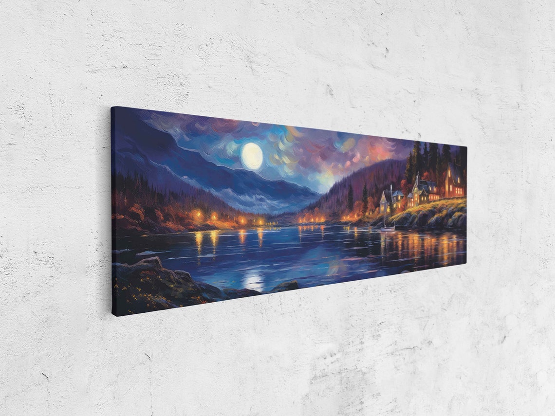 Panoramic Starry Night Sky Coastal Town Framed Print Ready To Hang Lake View Art Moonlight Landscape - Image 4