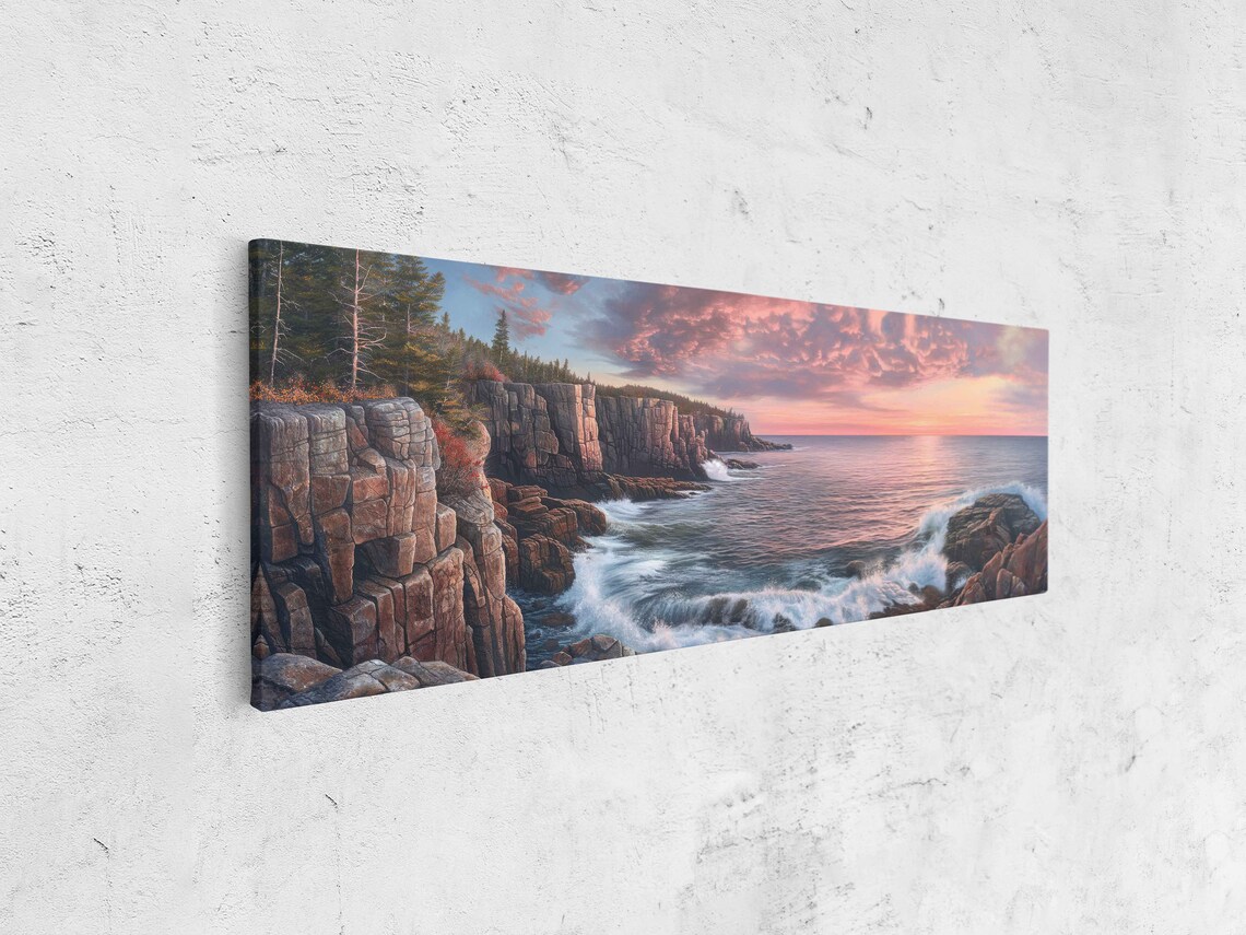 Rocky Cliff Coastline Crashing Waves Pink Sunset Panoramic Ocean Wall Poster - Image 4