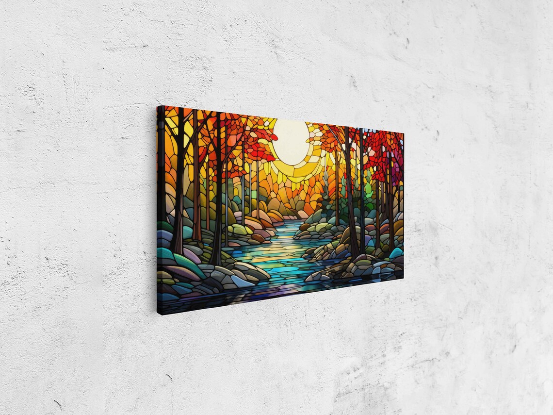 Mosaic Sunlit Forest Stream Wall Art Print Beautiful Vibrant Colors Mountain Range Ready To Hang - Image 4