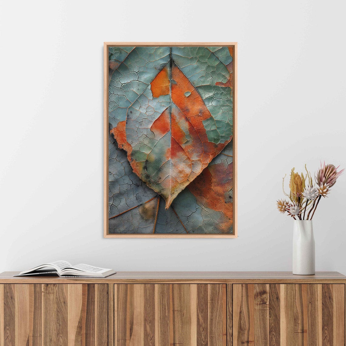 Dried Leaf Macro Close Up Teal Orange Autumn Botanical Print - Image 3