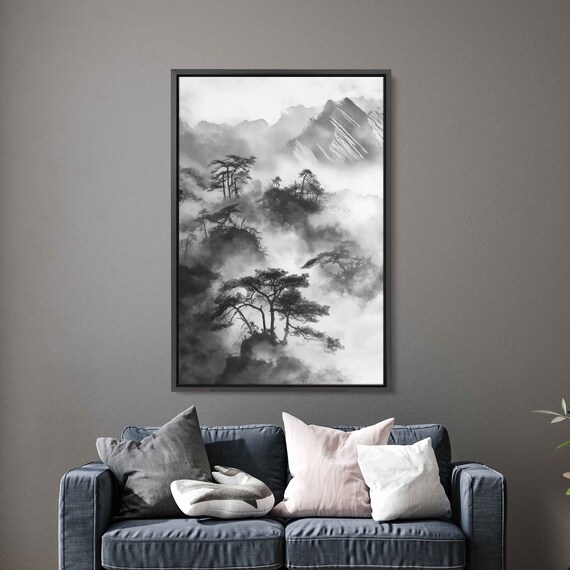 Foggy Chinese Landscape Wall Art Print Bonsai Tree Garden Chinese Ink Wash Ready To Hang