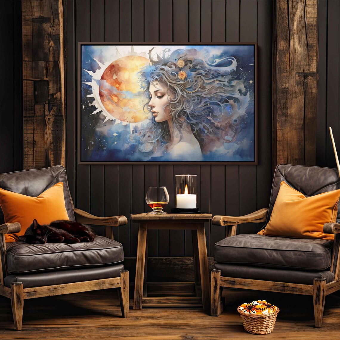 Celestial Goddess Woman Watercolor Moon Sun Stars Wall Art Print - Image 3