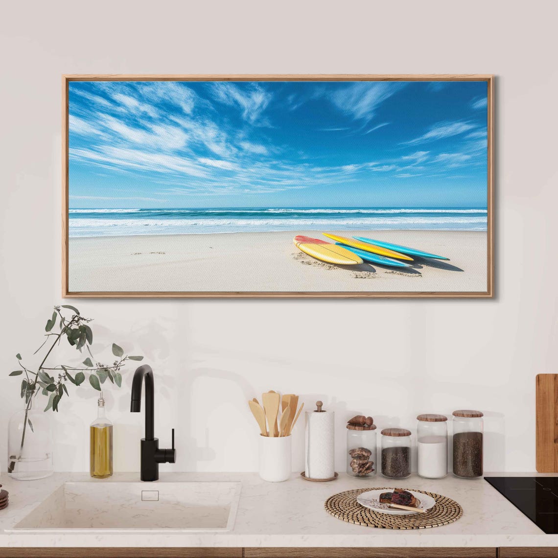 Colorful Surfboards White Sandy Beach Blue Ocean Waves Surf Wall Art