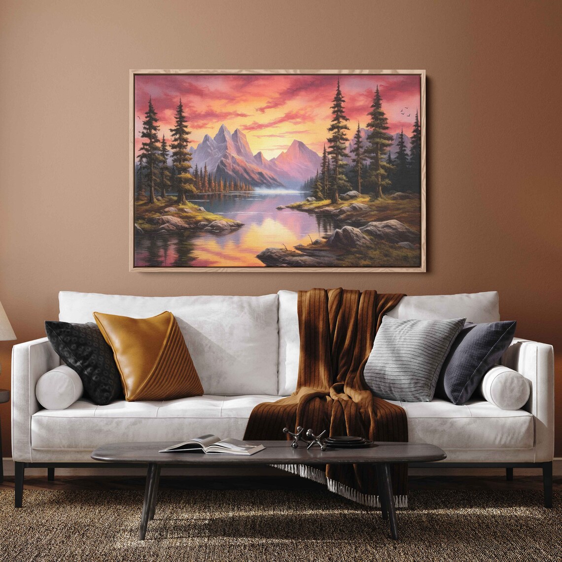 Colorful Lake Landscape Sunset Oil Painting Art Print - Image 2