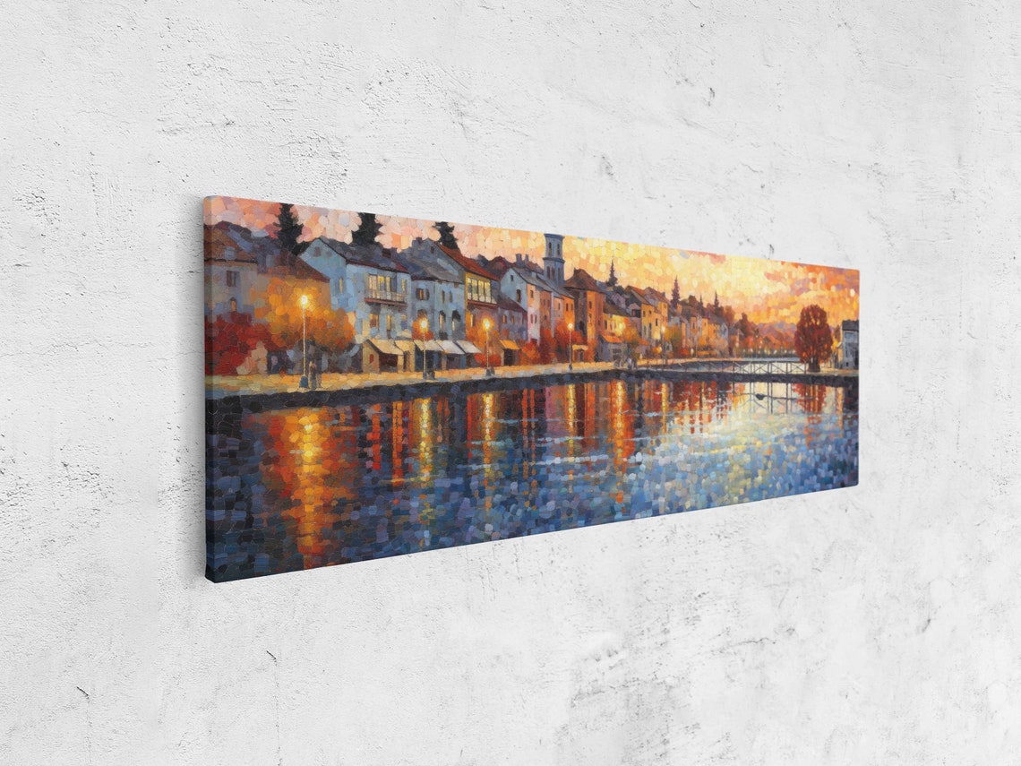 Small Quiet Town On A River Pointillist Painting Wall Art Framed Print Ready To Hang Panoramic Wall Art - Image 4