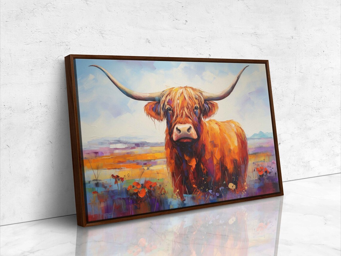 Colorful Highland Cow Palette Knife Poppies Modern Farm Art Poster - Image 4