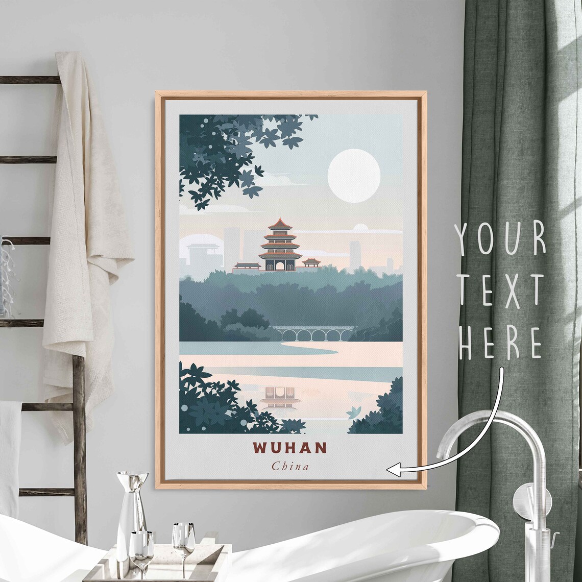 Wuhan China Hilltop Pagoda Moonlit Lake Bridge Minimal Art Poster