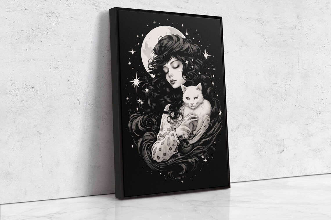 Celestial Witch White Cat Full Moon Stars Black White Halloween Wall Art Print - Image 4