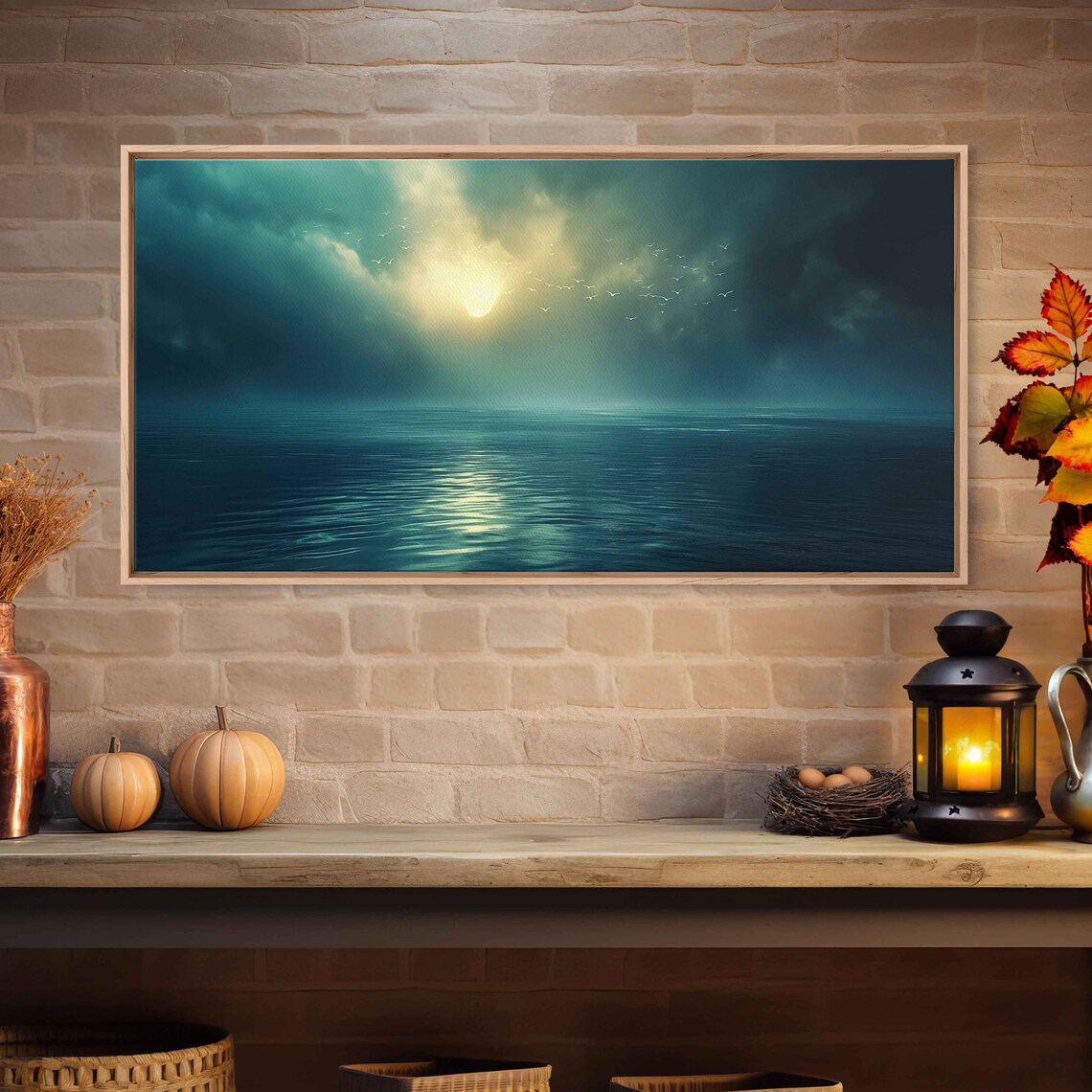 Moody Dark Ocean Night Sky Breaking Light Seabirds Soaring Dramatic Art Poster - Image 3