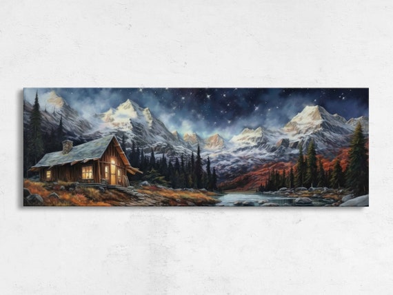 Cabin Starry Night Sky Panoramic Landscape Painting Framed Print Ready To Hang Coloful Night Sky Living Room Decor