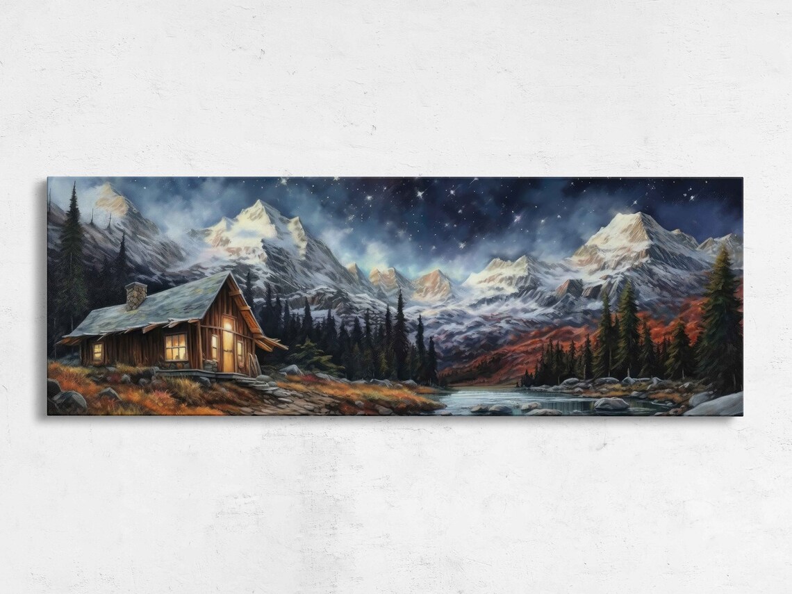 Mountain Cabin by River Starry Night Snowy Peaks Painting Poster