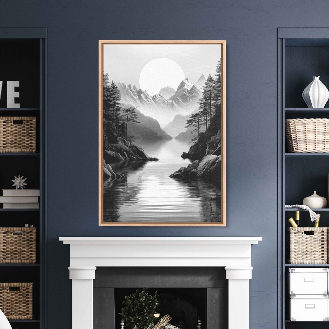 Serene Lake Flowing Through Mountainside Wall Art Print Monochromatic Art Lakeshore Forest Ready To Hang - Image 3