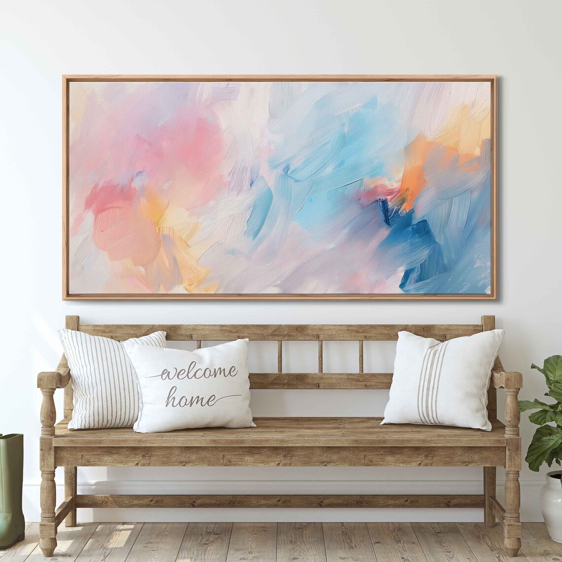 Pink Peach Blue Pastel Swirls Wide Abstract Modern Painting Poster - Image 3