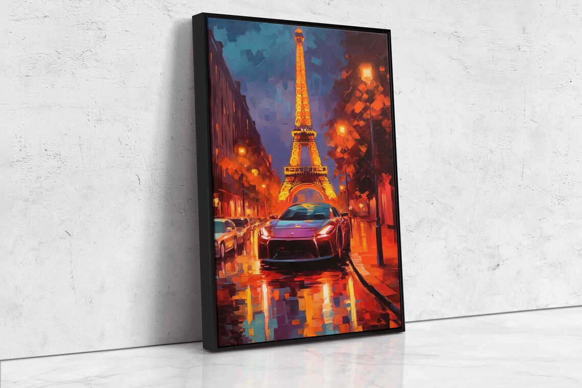 Paris Eiffel Tower Night Sports Car Wet Street Lamps Painting Poster - Image 4