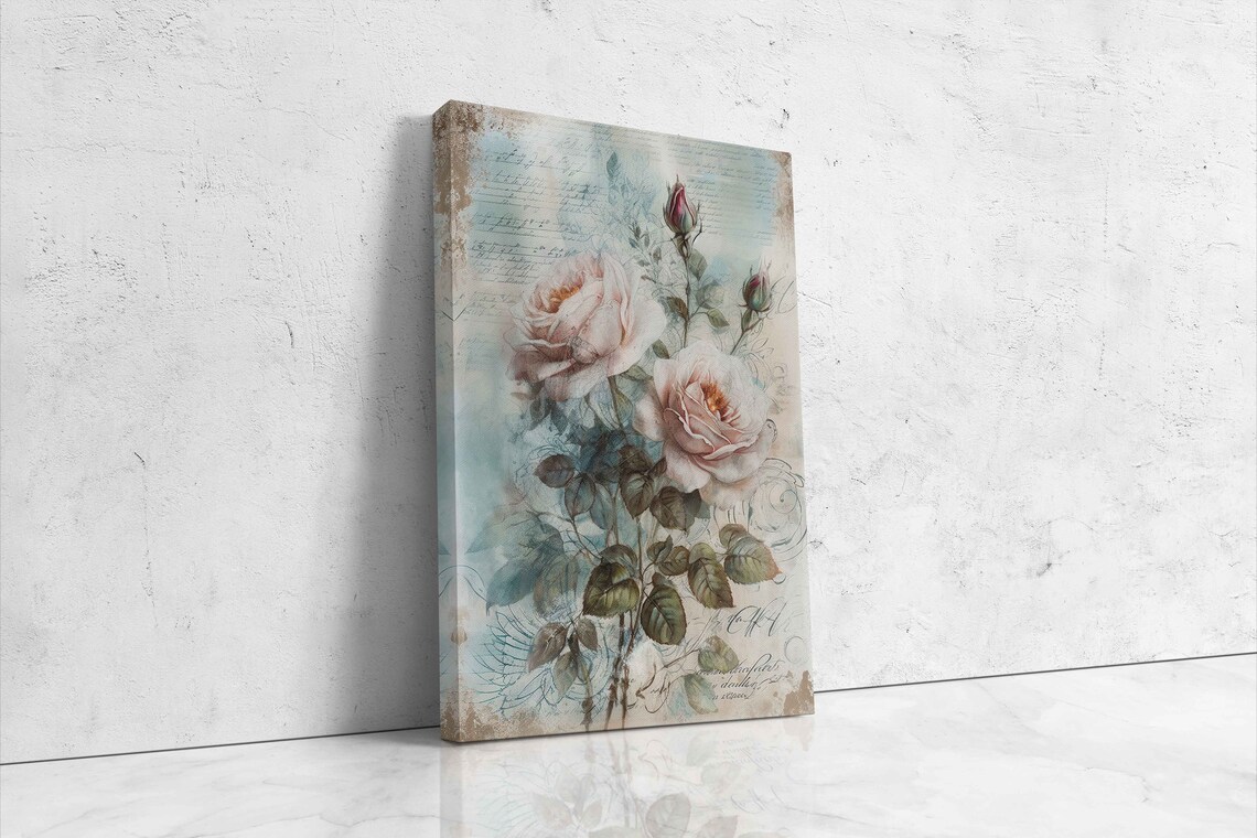 Blush Roses On Vintage Journal Page French Script Floral Art Poster - Image 4
