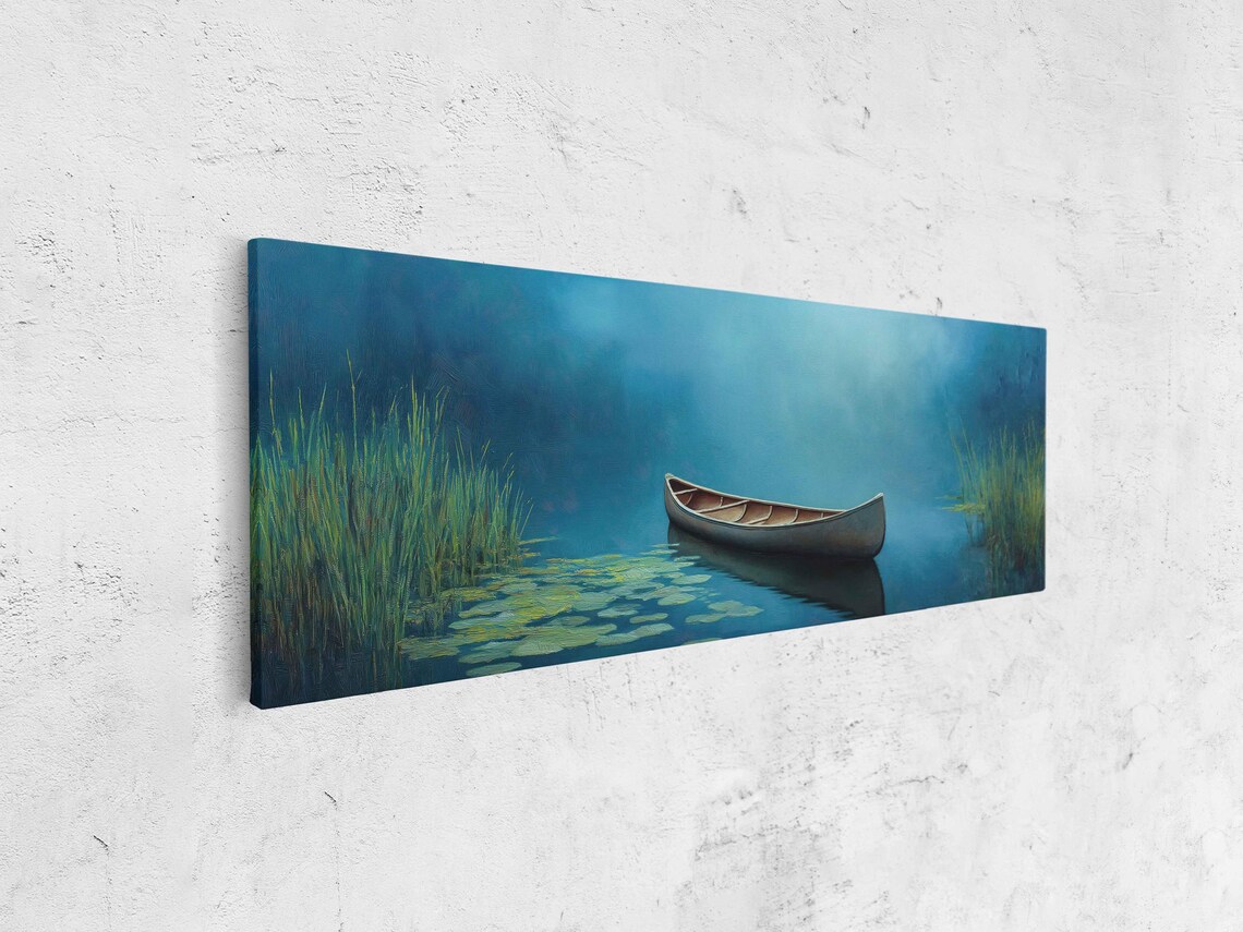 Solitary Canoe On Misty Blue Lake Lily Pads Atmospheric Art Poster - Image 4