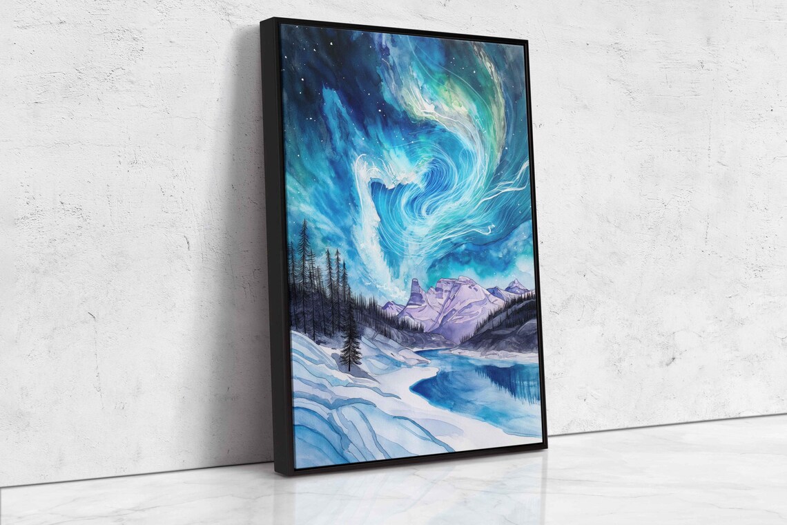 Swirling Aurora Over Snowy Mountains And Still Lake Watercolor Poster - Image 4