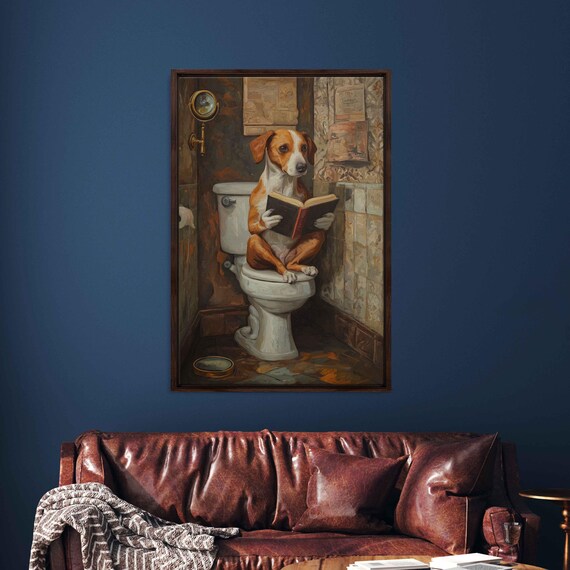 Funny Jack Russell Terrier Reading Book On Vintage Toilet Poster