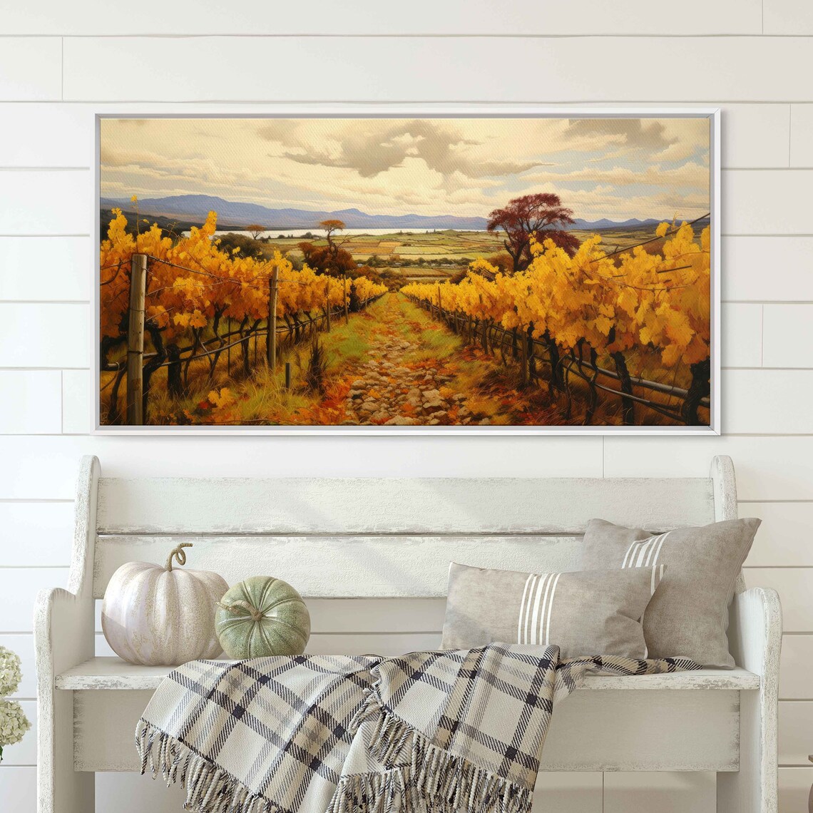 Autumn Vineyard Golden Vines Lake Mountain View Fall Painting Print - Image 3