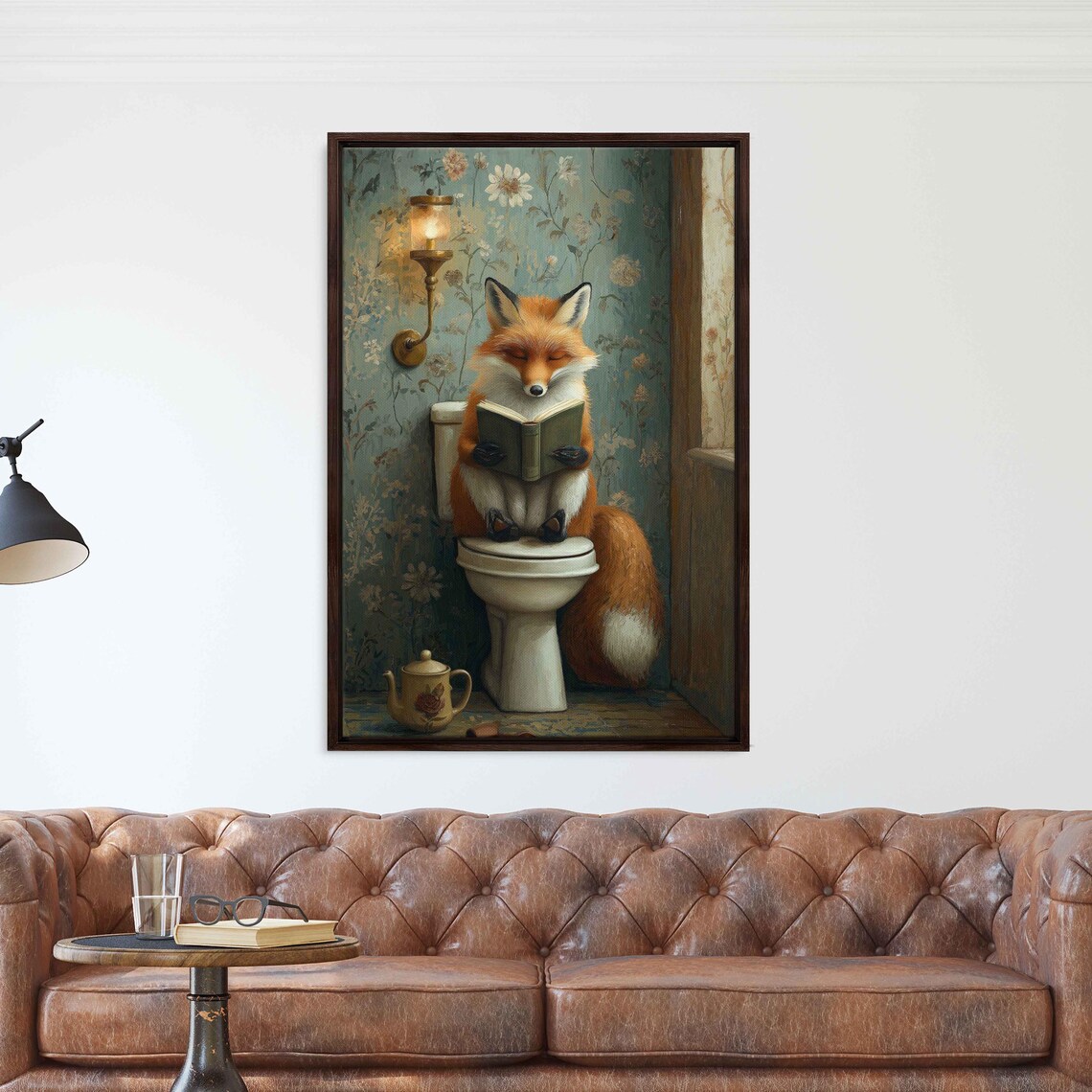 Red Fox Reading Book On Toilet Teal Floral Vintage Bathroom Poster